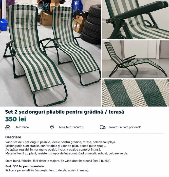 Set 2 șezlonguri pliabile și reglabile pentru grădină / terasă