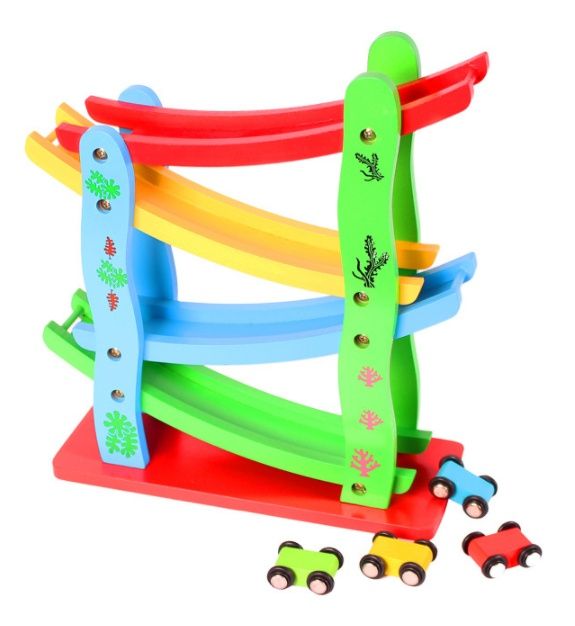 НАМАЛЕНИЕ! Цветна дървена писта на четири нива + четири колички НОВО!