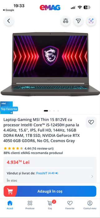 MSI Thin 15 i5-12450H RTX 4050 16GB 1TB 144Hz impecabil