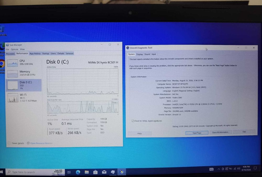 Laptop Dell Vostro 3581, i3-7020U, 4gb RAM + 1slot, 128gb M2, baterie nu mai tine