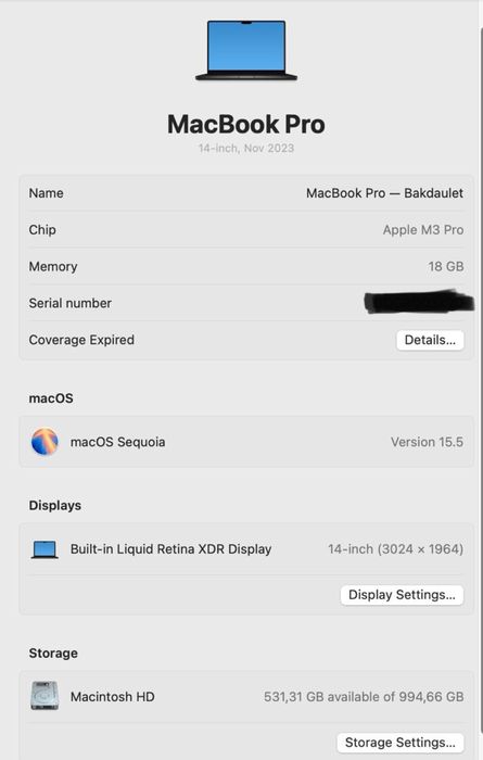 Macbook Pro 14 M3 Pro, 1TB