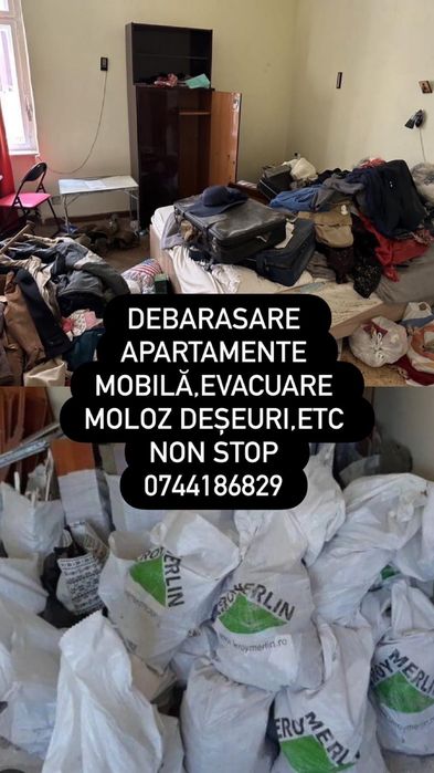 Debarasare apartamente, evacuare moloz, mobila veche, deșeuri.non stop