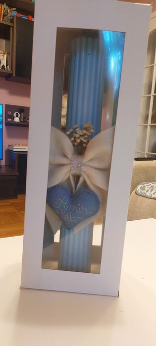 Lumanare botez. Lumanare botez handmade premium. Lumanare botez personalizata. Lumanare albastra.