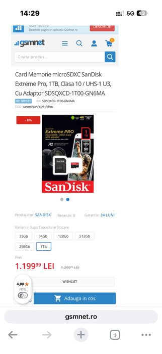 Card Memorie microSDXC SanDisk Extreme Pro, 1TB, Clasa 10 / UHS-1 U3, Cu Adaptor nou sigilat 4k 200mbs