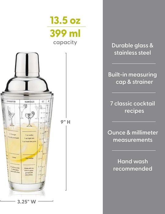 Cocktail Shaker din sticla 450ml cu capac din inox si retete imprimate