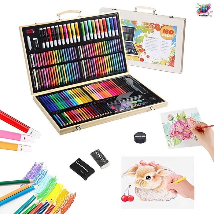 Комплект за рисуване ANGMAD, 180 части, дървен куфар, размери 47x29 см