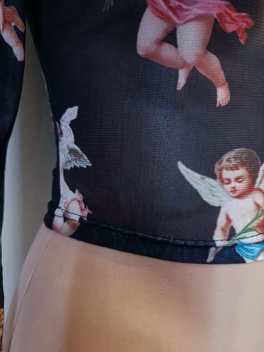 Bluza Pull and Bear mesh cu îngerași Punk Rock Goth Altercore mărimea XS-S elastica