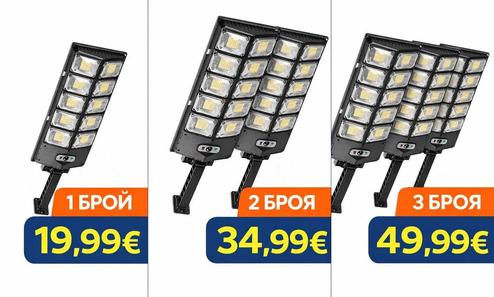 LED соларна улична лампа със сензор за движение и здрач, 1600 W