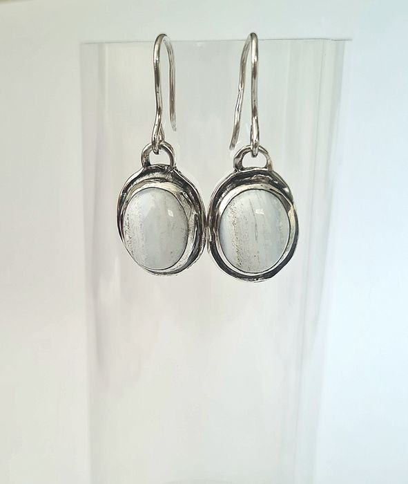 Авторски сребърни бижута комплект, естествен камък халцедон синя данте