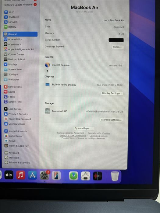 MacBook Air M3 2024 deyarli ishlatilmagan batareya 100%