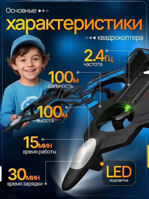 Самолет-дрон на пульте управления, трюки, подсветка, радиоуправляемый