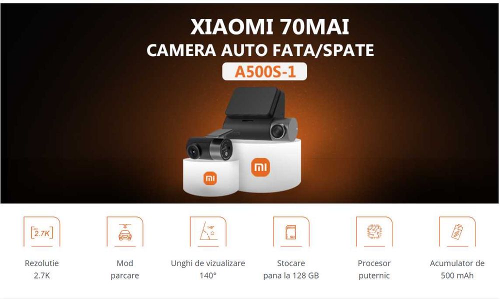 Camera auto 70MAI A500s + camera spate+kit 70MAI Hardwire+card 64Gb
