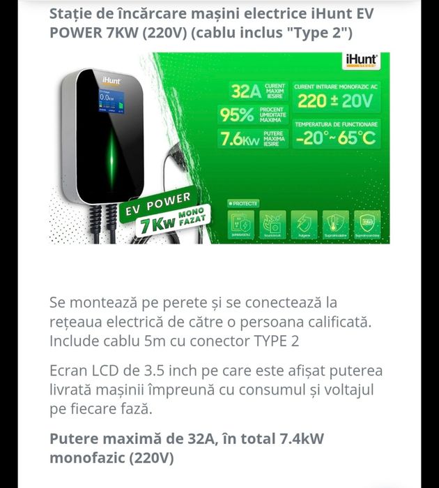 Statie Incarcare Masini Electrice iHunt EV Power 7KW, Ecran LCD 3.5", IP66 (Negru)