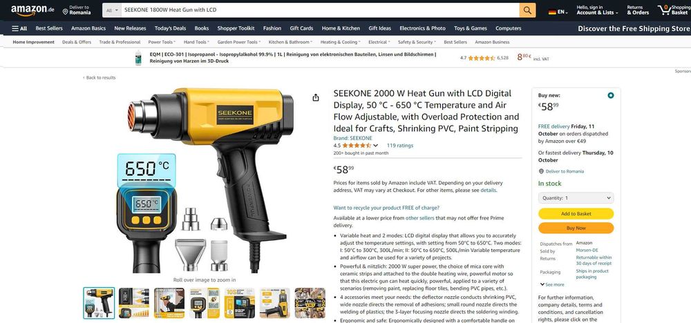 Suflanta/pistol aer cald, 2000W, Ecran LCD,50-650gr,REDUS de la 300RON