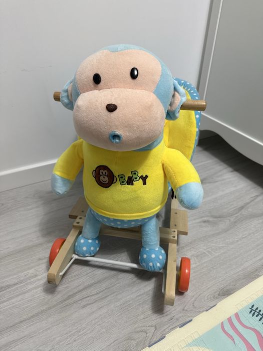 Balansoar copii 2 in 1 Go Kart cu muzica, maimuta, culoare albastru