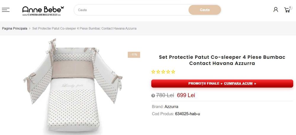 Vand patut cosleeping atasabil Anne Bebe Contact Azzurra lemn fag Italia, saltea inclusa, set protectie 4 piese bumbac si set lenjerie bumbac 3 piese