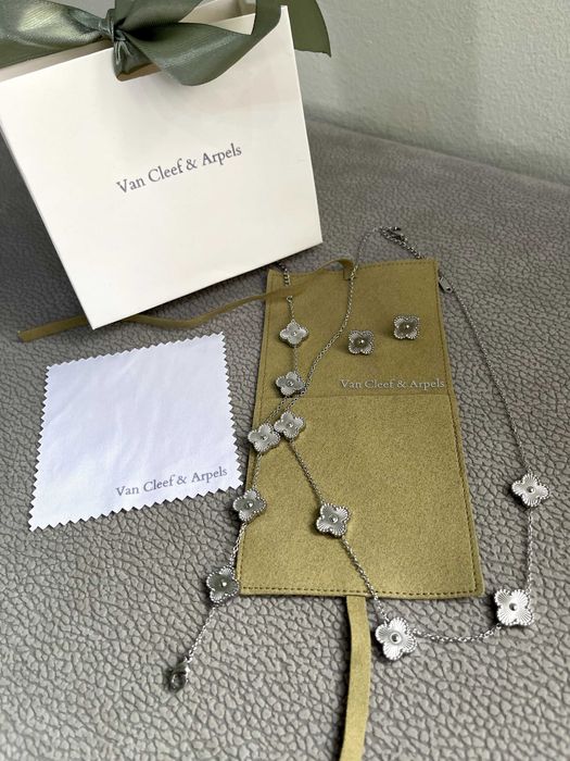 van cleef комплект сет бижута колие обеци гривна стомана детелина VC