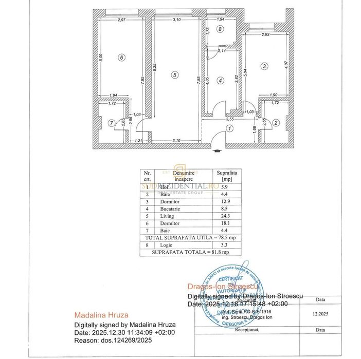 Apartament 3 camere spațios | 81,8 mp | 2 băi | Etaj 6 | Poștalionului