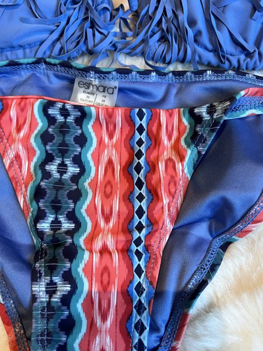 Costum de baie nou albastru rosu cu franjuri ambalat original