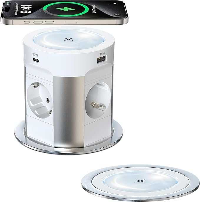 Priză de masă retractabilă 9 în 1 cu USB C PD75W, prelungitor cu 4 prize și încărcare wireless de 15 W