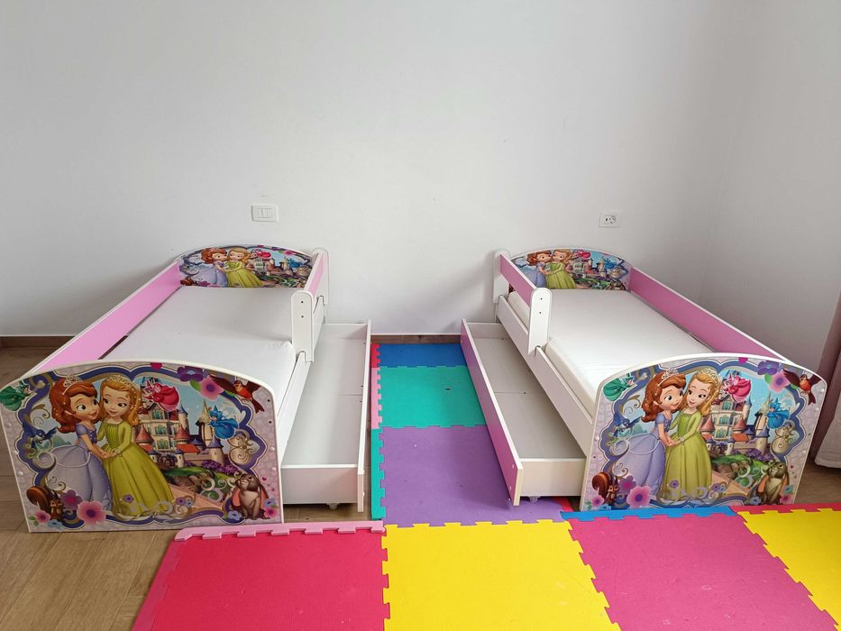 Vând pat copii cu sertar si saltea Sofia si protectie anticadere