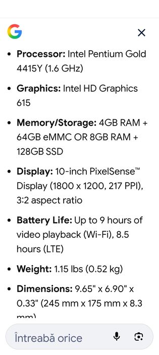 Laptop 2 în 1 Microsoft Surface Go, 64 gb, 4 gb ram, ecran 10 inch