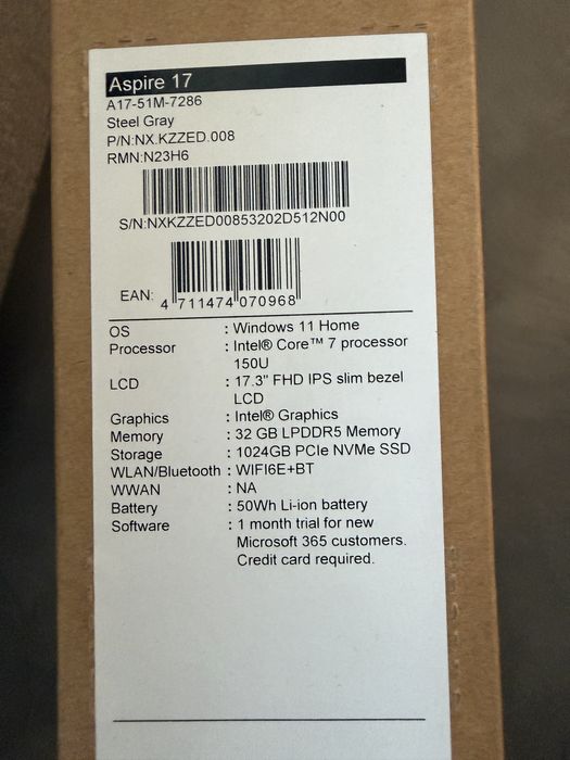 НОВ! Acer Aspire 17 / Intel Core 7 150U / 32GB RAM / 1TB SSD