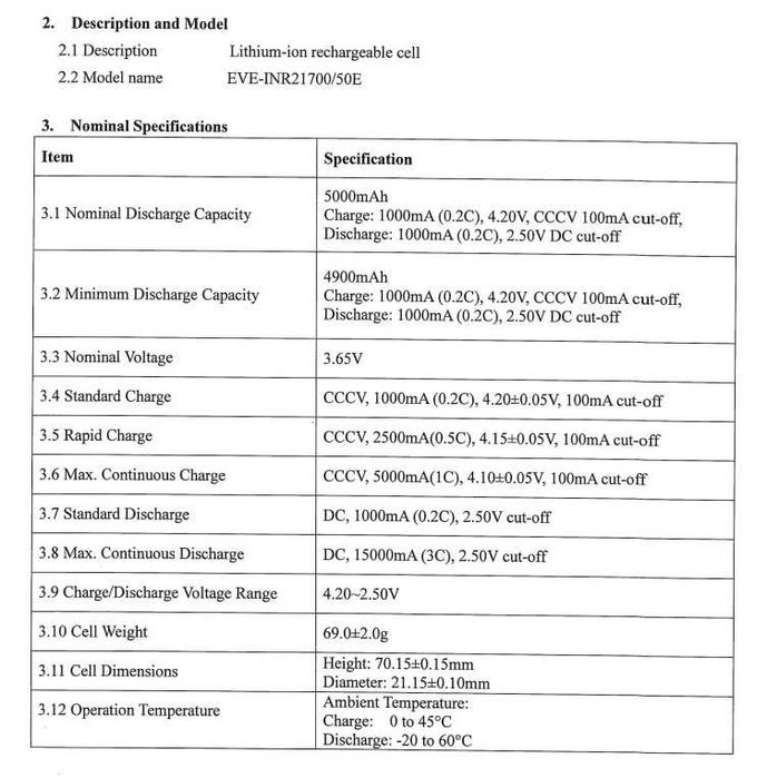 Батерия 21700 EVE 50E 5000mah 15А - НОВИ