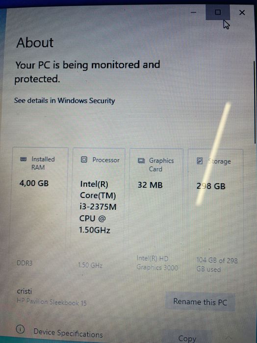 Laptop HP 15.6” pentru piese / recondiționare.Windows 10 cu încărcător
