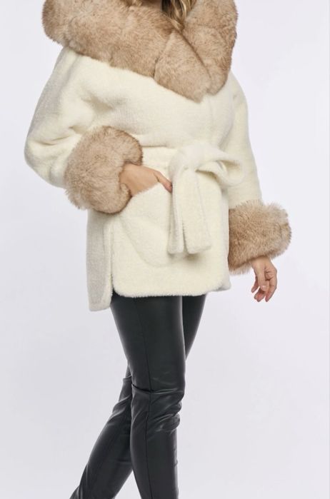 Palton din alcantara cu blană naturală adevărată de vulpe