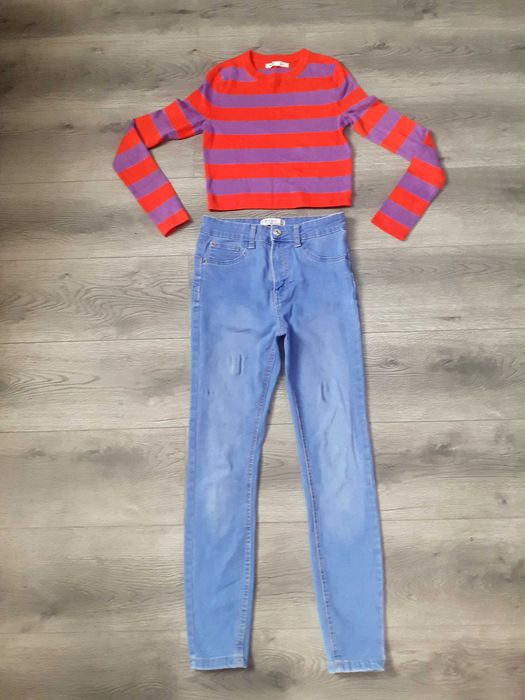 Blugi cu talie inalta si bluza crop xs-s