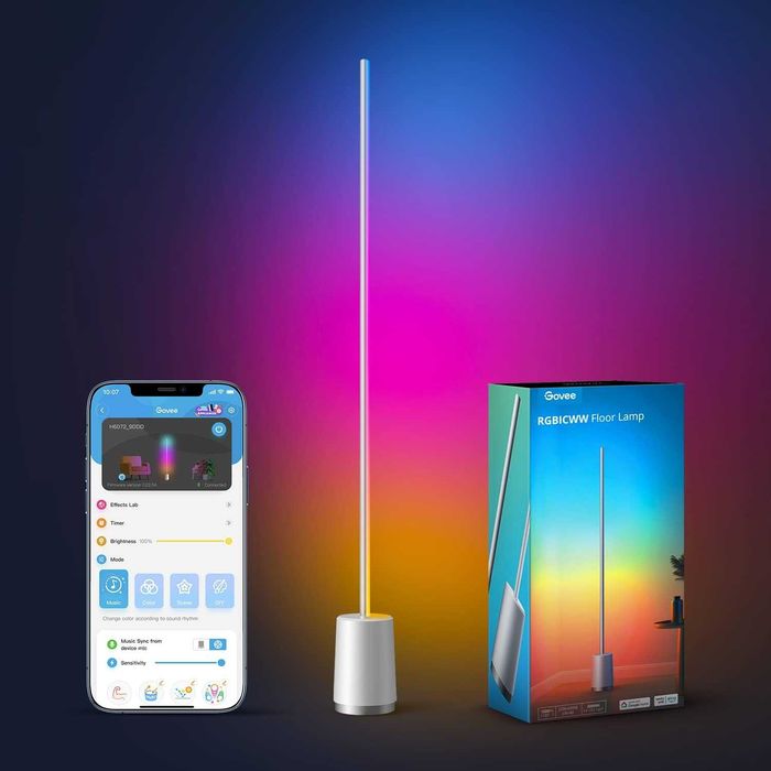 Lampă de podea LED smart Govee RGBICWW H6072, cu peste 64 de moduri de scenă, mod muzică și DIY, control vocal prin WiFi compatibil Alexa, argintiu