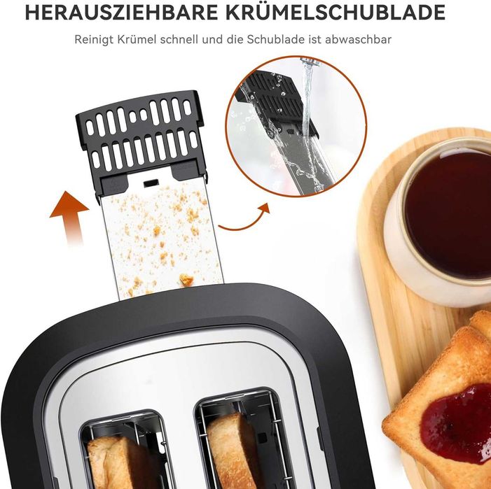 Тостер от неръждаема стомана KitchenBoss за 2 филийки, приставка за хлебчета и подвижно отделение за трохи, 6 нива, с автоматично изключване, 870W