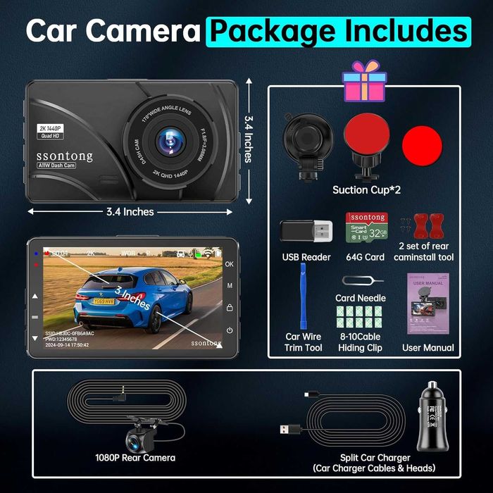 Dash Cam отпред и отзад, 2K, WiFi/БЕЗПЛАТНО ПРИЛОЖЕНИЕ, отпред 170°