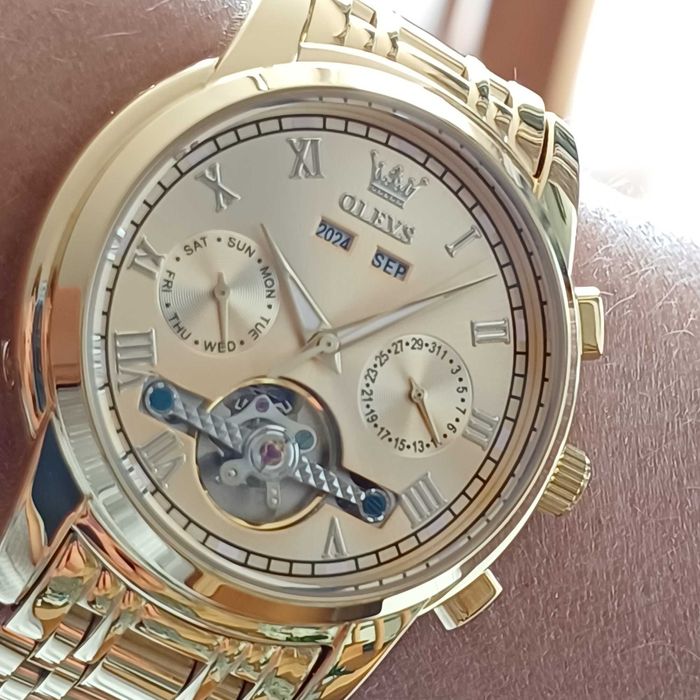 Olevs Автоматик Скелетон,HD Светещ, Календар, Мултифункционален,3 ATM