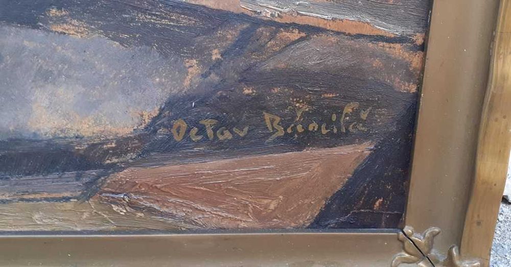 Tablou vechi - carti si liliac - semnat Octav Bancila