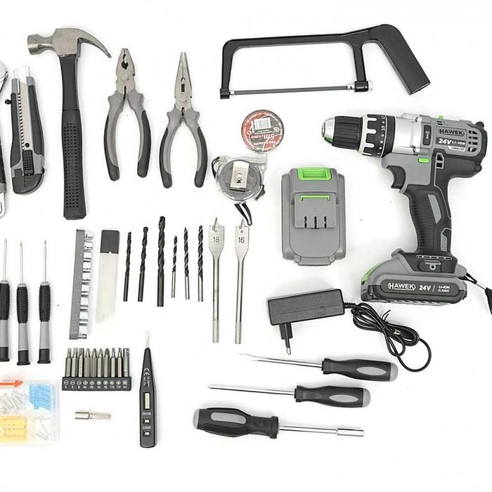 Акумулаторен ударен винтоверт 24V с инструменти и 2 батерии HAWEK
