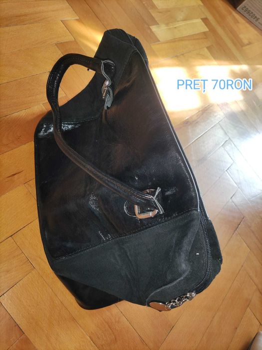 geanta neagra, piele (si piele intoarsa), cu compartimente, stare buna