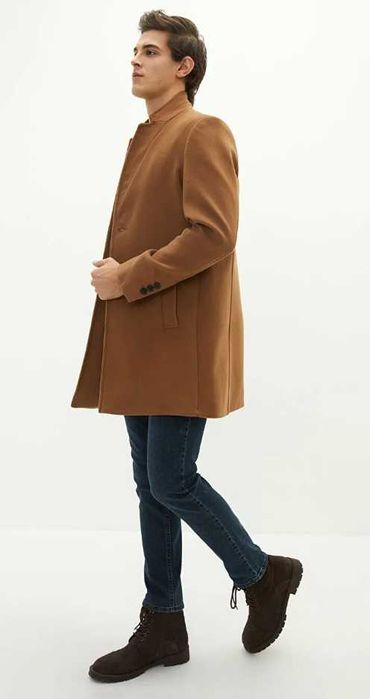 Palton slim 44 XL Jack & Jones NOU lana moale premium camel