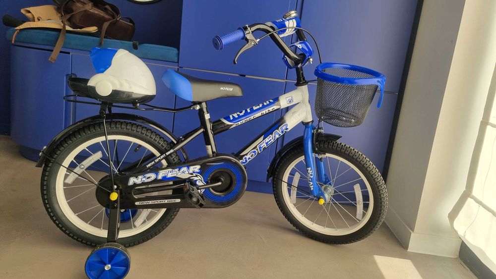 Bicicletă copii băieți 4-6 ani, 16", albastră, cu roți ajutătoare – ca nouă