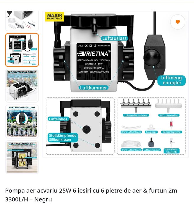 Pompă aer acvariu Vrietina 25W, 3300L/h, 6 ieșiri – ca noua