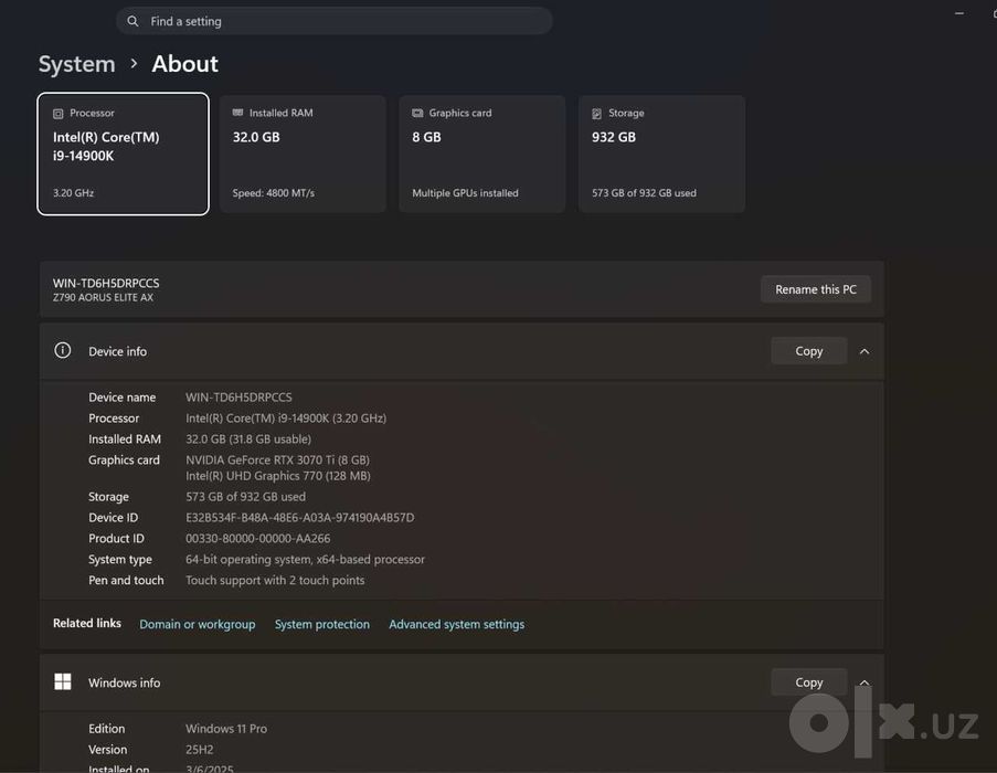 Maxsus terilgan PC | i9-14900K | Z790 | RTX3070ti | Redmi monitor 27