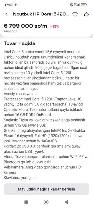 Noutbuk sotiladi HP yangı holatdagi