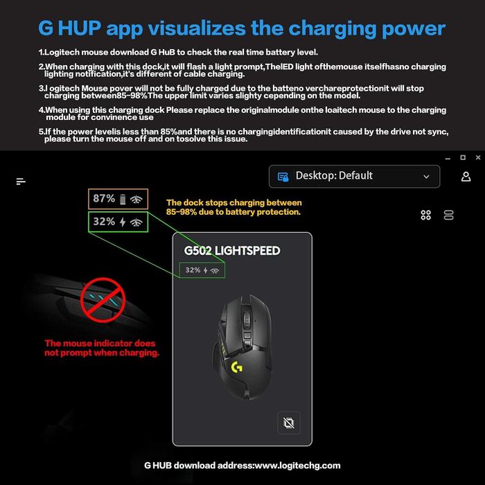 Зарядна станция G-Power за безжична мишка Logitech G502 G502X Plus GPW G903 G703 с RGB осветление