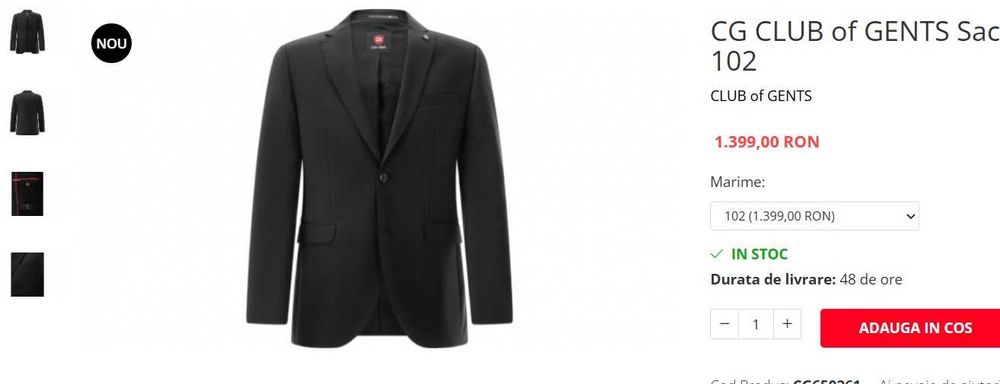 Costum slim 46 S premium Club Of Gents lana respirabila negru