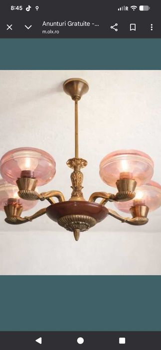 Candelabru vechi alamă, globuri din sticlă mov / roz – piesă unicat