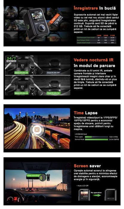 Camera auto Vantrue E360 filmare 360 grade kit supraveghere continuă inclus