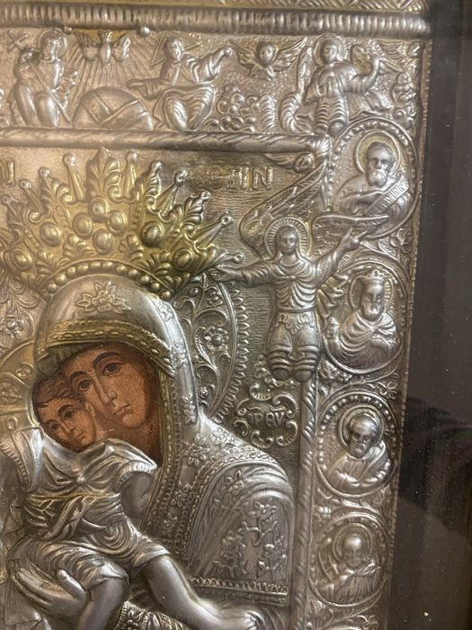 Icoana mare veche ortodoxa greceasca metal Sf. Fecioara Maria