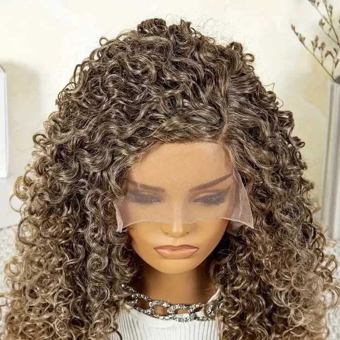 Тъмно руса омбре къдрава перука с руси краища лейс фронт 13*4*1