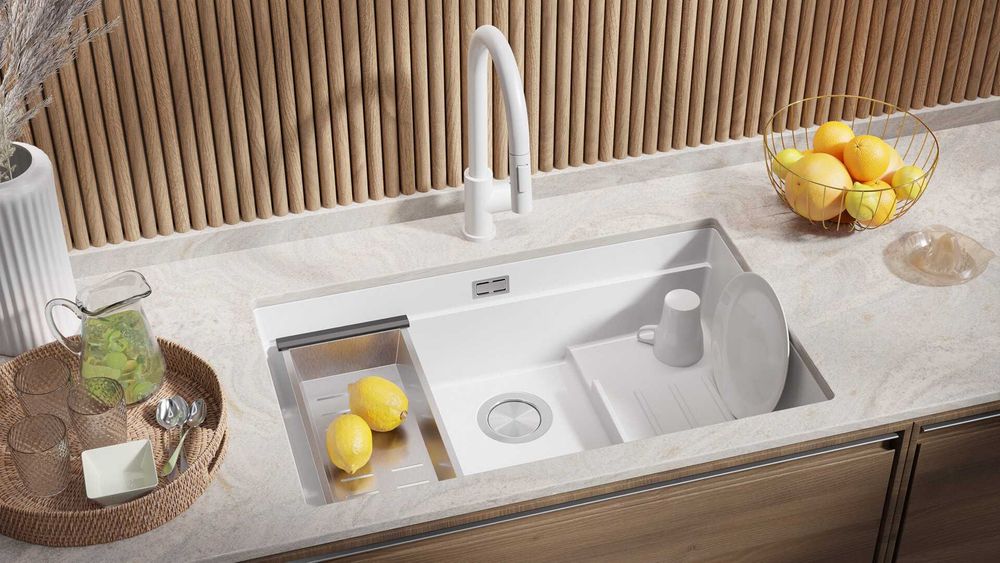 Бяла гранитна мивка за монтаж под плот Прага 80 Step Level 560 x 470